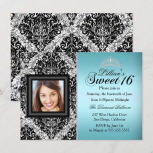 Turkos och svart glitterdamaskfoto Sweet 16 Inbjudningar