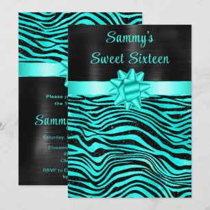 Turkos och svarta zebrarandiga Sweet Sixteen Inbjudningar