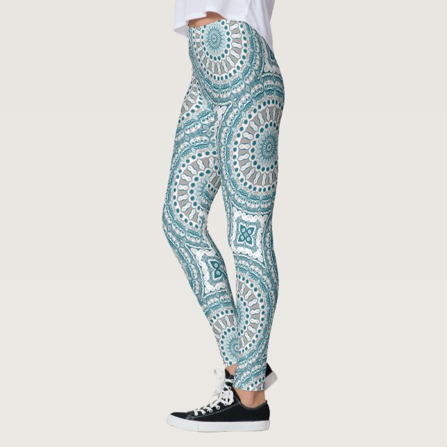 Turkos och Tan Abstrakt Mandala Mönster Leggings (Vänster)