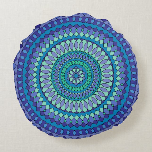 Turkos och tealblå mandala  rund kudde (Baksidan)