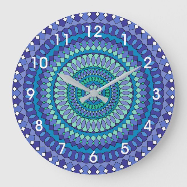 Turkos och tealblå mandala  stor klocka (Framsida)