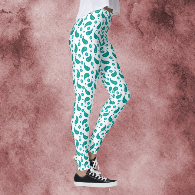 Turkos och turkos paisley-mönster blommönster leggings (A pair of leggings with a blue & green boho floral paisley pattern.)