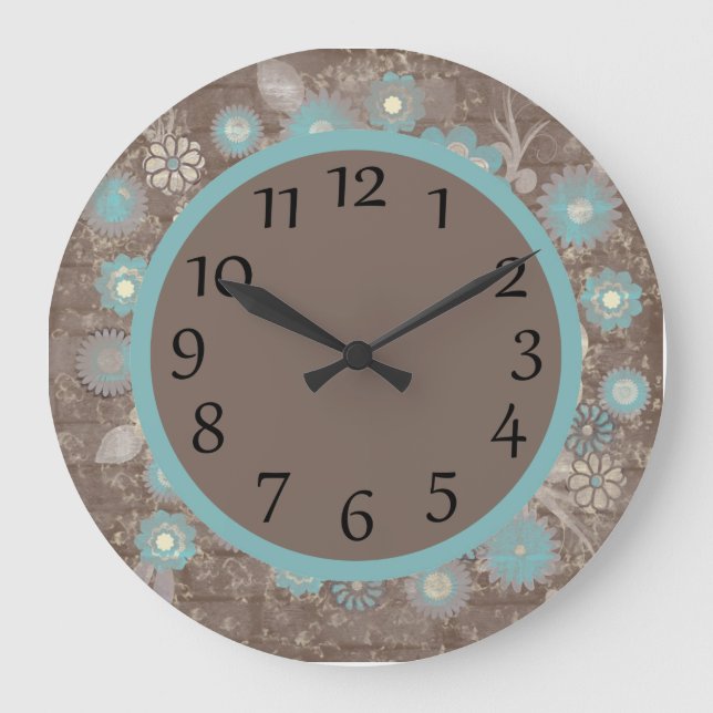Turkos och vit Blommigt på Brown Wall Clock Stor Klocka (Framsida)