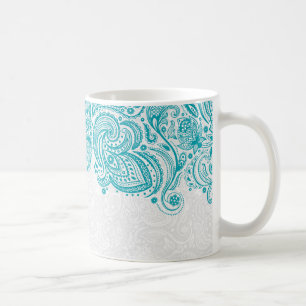 Turkos och vit Blommigt Paisley Snöre Kaffemugg