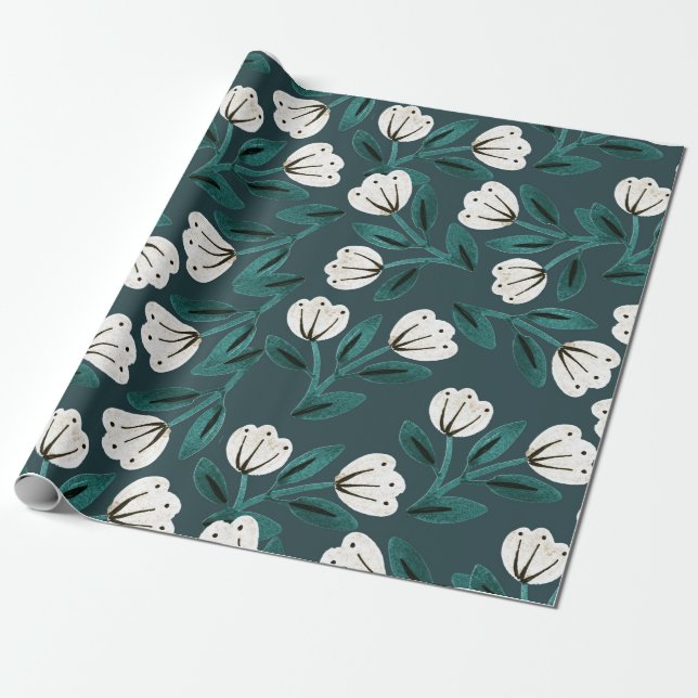 Turkos och vit blomster presentpapper (Utrullad)