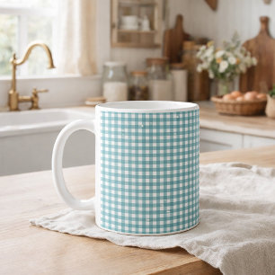 Turkos och vit Gingham rutigt mönster Cottagecore Kaffemugg