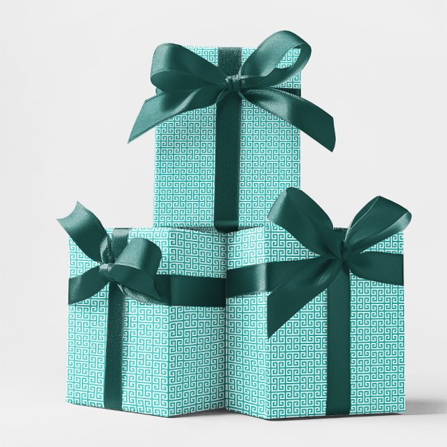 Turkos och vit grekisk nyckel-mönster presentpapper (Turquoise and White Greek Key Pattern Wrapping Paper)