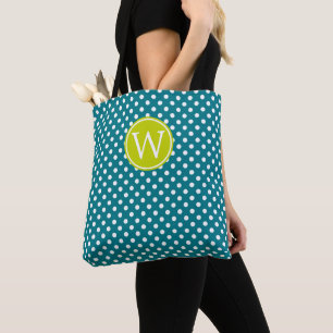 Turkos och vit prickig med lime-monogram tygkasse