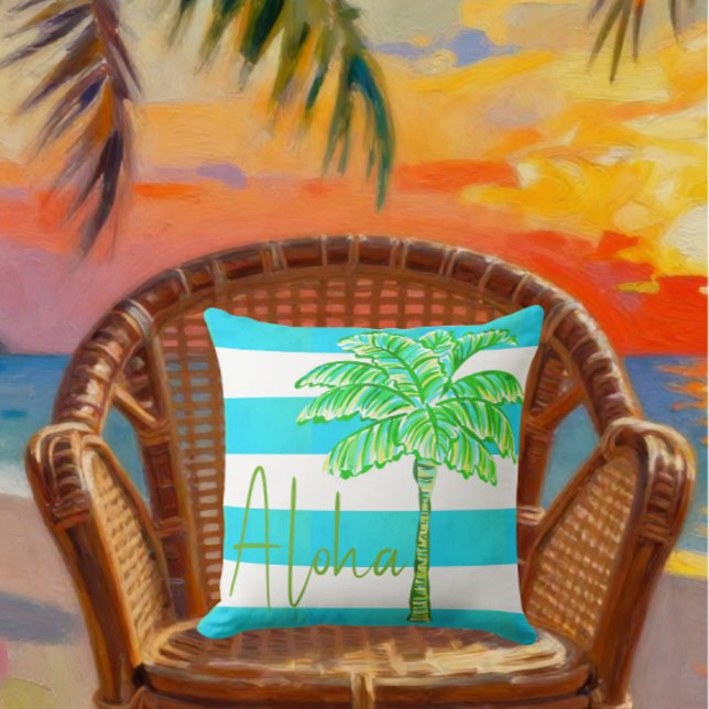 Turkos och Vit Randig Palmeträd Aloha Kudde (Skapare uppladdad)