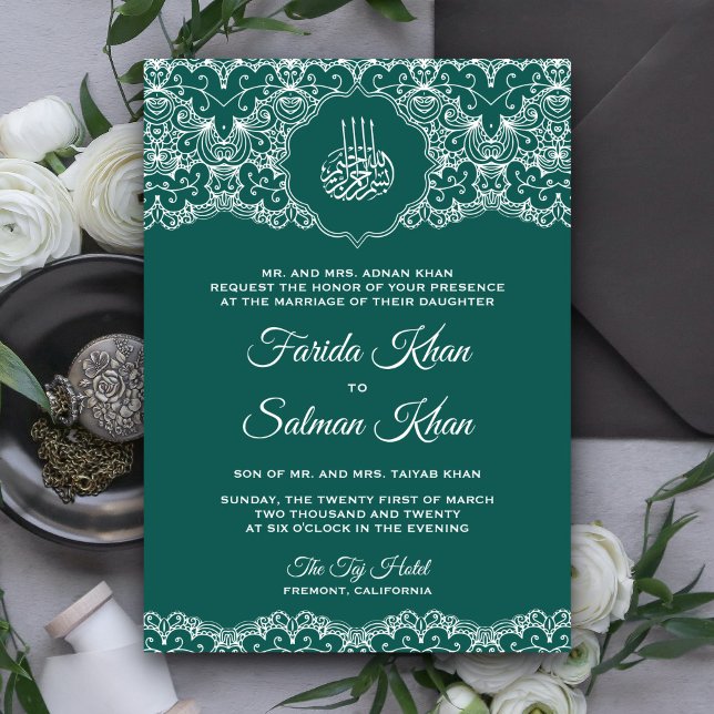 Turkos och vit spets islamisk muslimsk bröllop inbjudningar (Skapare uppladdad)