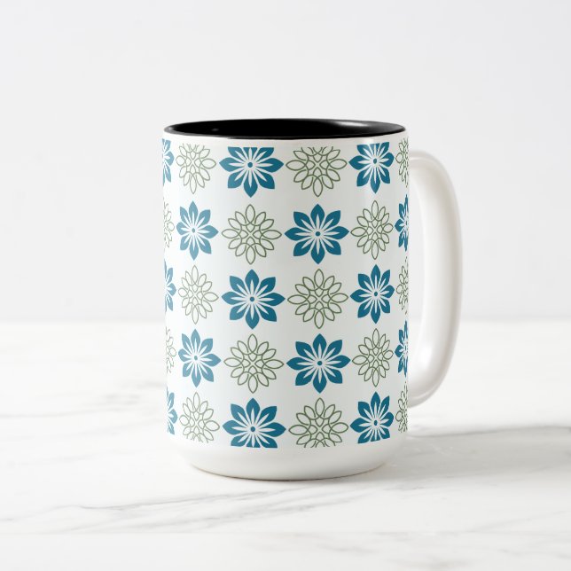 Turkos & Olivgrön Geometrisk Blomma Två-Tonad Mugg (Framsida höger)