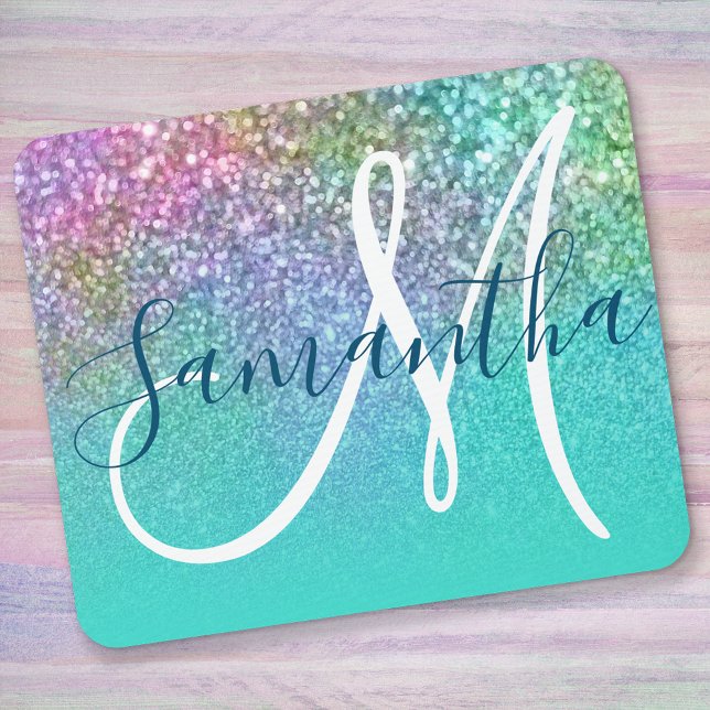 Turkos Ombre Colorful Sjöjungfru Glitter Monogram Musmatta (Skapare uppladdad)