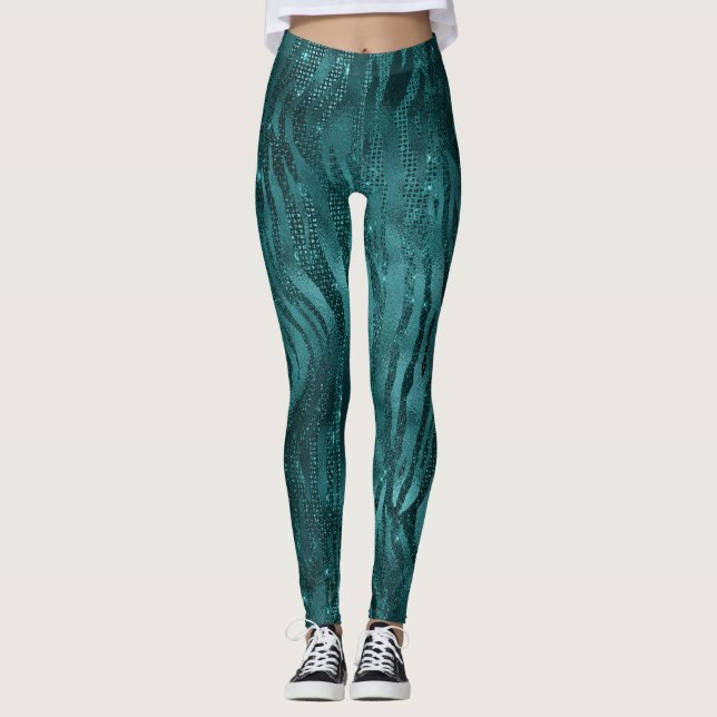 Turkos Ombre Glam Glitter Tiger Randigt Mönster Leggings (Framsida)