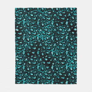 Turkos Ombre & Svart Glam Glitter Leopardsfläckar Fleecefilt