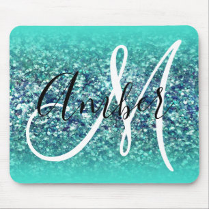Turkos Ombre Teal Blå Glam Glitter Monogram Musmatta