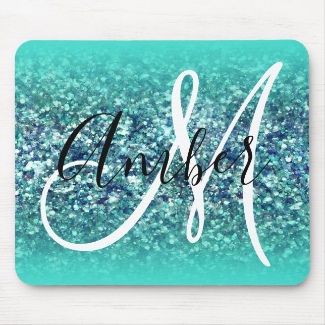 Turkos Ombre Teal Blå Glam Glitter Monogram Musmatta (Framsidan)