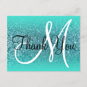 Turkos Ombre Teal Glitter Monogram Tack Vykort