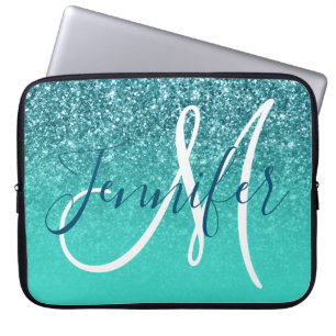 Turkos Ombre Teal Glitter Personlig Monogram Laptop Fodral