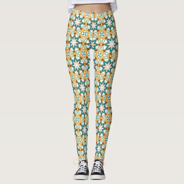 Turkos Orange Blommig Geometrisk Mönster Leggings (Framsida)