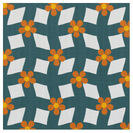 Turkos Orange Blommig Rutig Poplin Tyg
