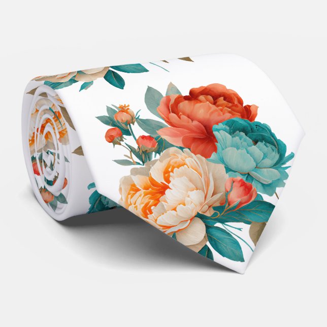 Turkos Orange Blommönstret Vattenfärg Slips (Rullad)