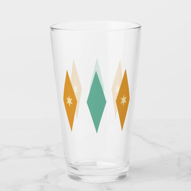 Turkos Orange Kräm Stjärnor & Diamanter Midcentury Glaskopp (Framsida)
