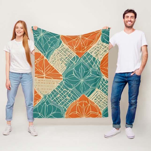 Turkos, Orange och Tan Abstrakt Blommor Fleecefilt (På plats)
