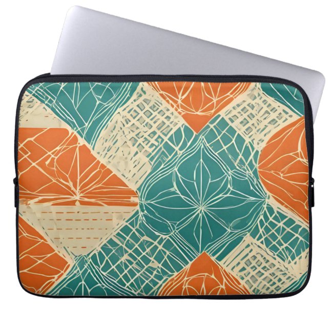 Turkos, Orange och Tan Abstrakt Blommor Laptop Fodral (Framsidan)
