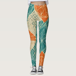 Turkos, Orange och Tan Abstrakt Blommor Leggings