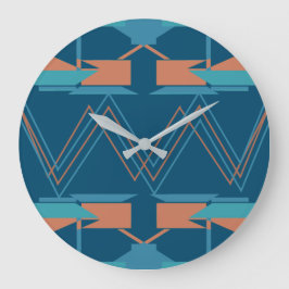 Turkos Orange på Mörk blått Zig-zag Southwest Stor Klocka