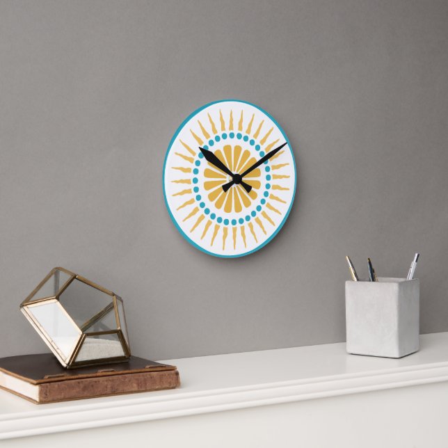 Turkos Orange Sunburst Wall Clock Rund Klocka (Kontor)