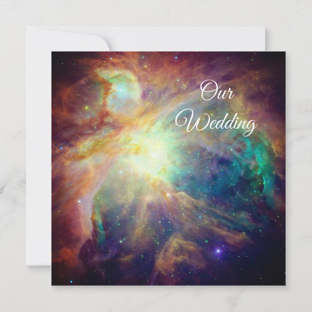 Turkos Orionnebulosan Rymdbild Kosmisk Bröllopsfes Inbjudningar (Baksida)
