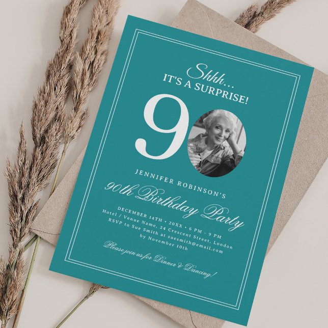 Turkos | Överraskning 90-årsfest Inbjudningar (Turquoise | Surprise 90th Birthday Party Invitation)