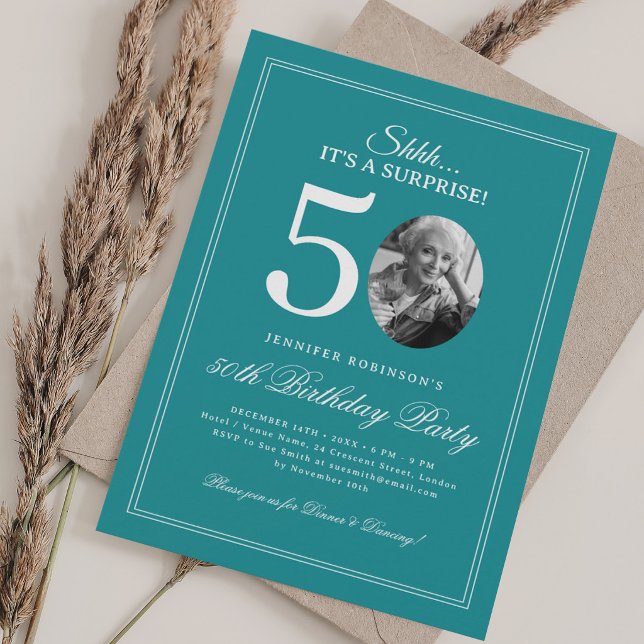 Turkos | Överraskningsfest 50-årsdag Inbjudningar (Turquoise | Surprise 50th Birthday Party Invitation)