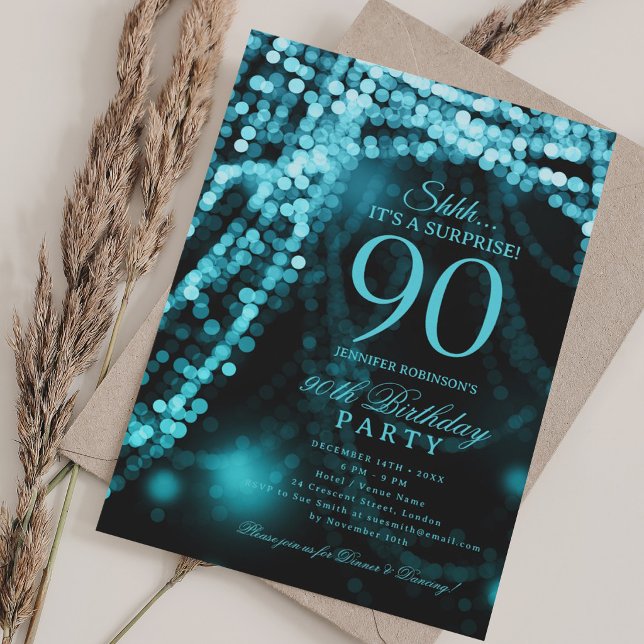 Turkos | Överraskningsfest för 90-årsdag  Inbjudningar (Turquoise | Surprise 90th Birthday Party Invitation)