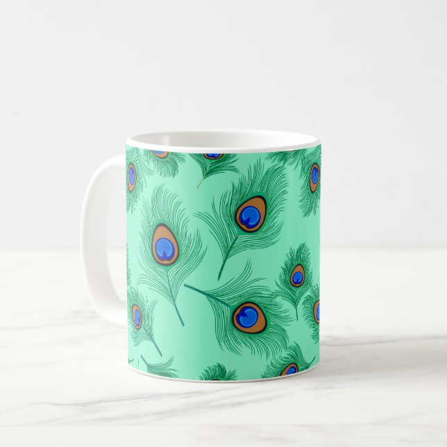 Turkos Påfågel Fjädrar på Ljust Aqua Kaffemugg (Framsida vänster)