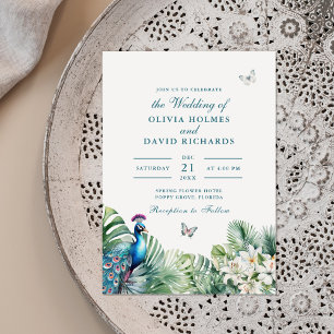 Turkos Påfågel Tropiska Blommor Fjäril Bröllop Inbjudningar