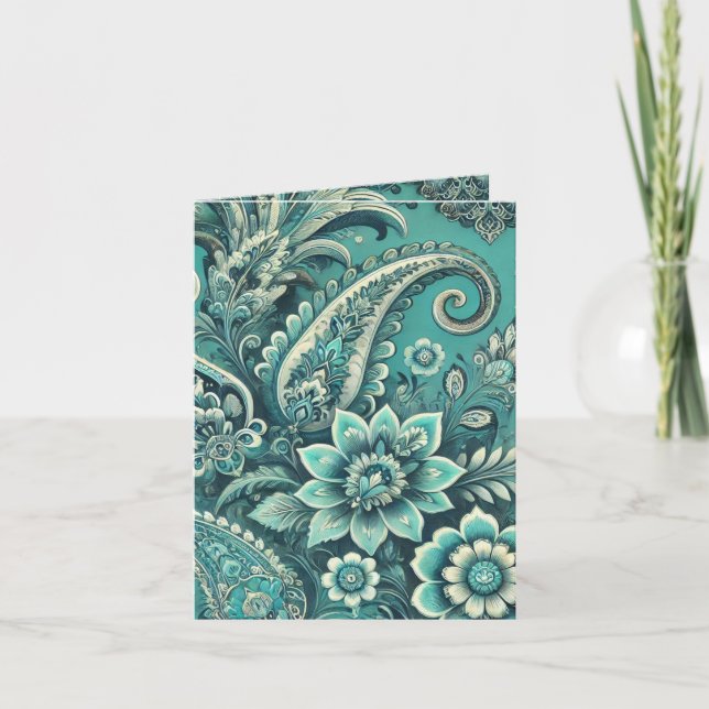 Turkos Paisley Blommönster Helgkort (Framsida)