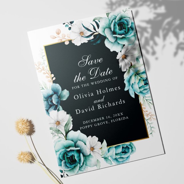 Turkos Panel Spara datumet | Wildflower (Teal and white floral Save the Date Card template on white background)