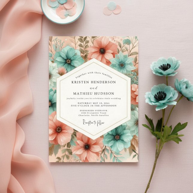 Turkos Persika Blommig Eterisk Bröllop Inbjudningar (Skapare uppladdad)