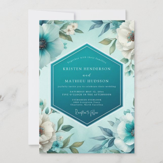 Turkos Polerad Vårbröllop Inbjudningar (Framsida)