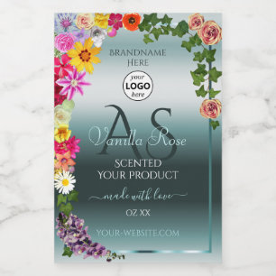 Turkos Produktetiketter Färgglada Blommor Initiale Mat Etikett