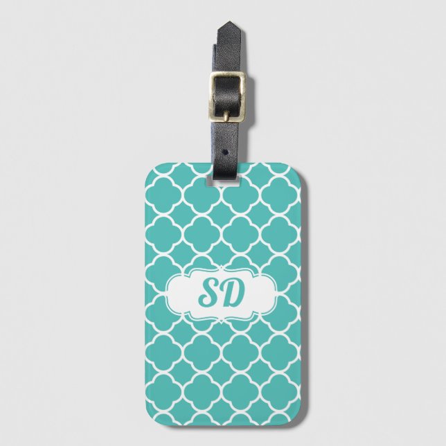 Turkos Quatrefoil Anpassningsbar Monogram Bagagebricka (Framsida vertikal)