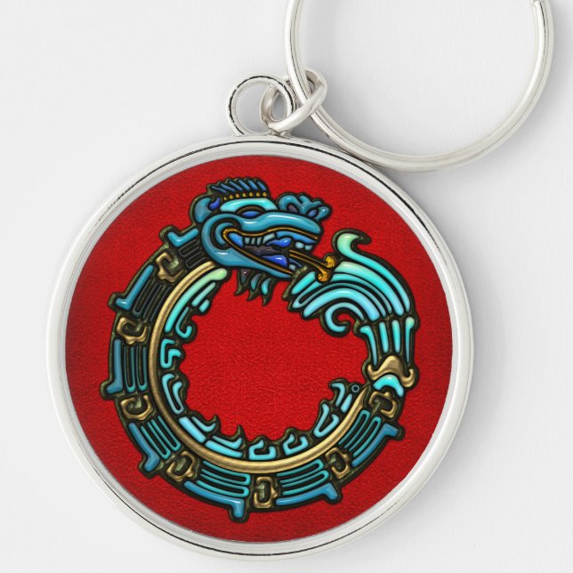 Turkos Quetzalcoatl Rund Silverfärgad Nyckelring (Framsidan)