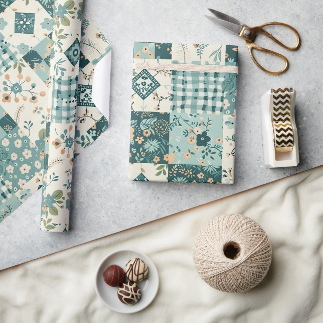 Turkos Quilt Rutigt Kottagekärna Blommig Presentpapper (Hantverk)