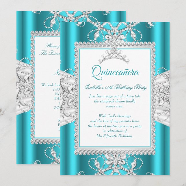 Turkos Quinceanera 15-års födelsedags tiara Inbjudningar (Fram/baksida)