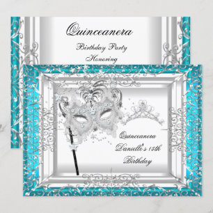 Turkos Quinceanera 15-års födelsedags tiara masker Inbjudningar