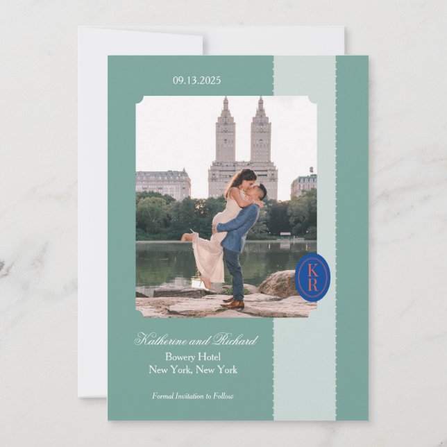 Turkos räfflad kant Save The Date Inbjudningar (Baksida)