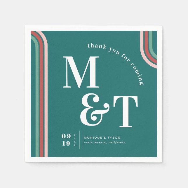 Turkos | Retro Sjuttiostripor | Bröllopsmonogram Pappersservett (Framsidan)