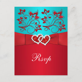 Turkos, Röd Blommig, Hjärtan Bröllopssvarskort OSA Kort